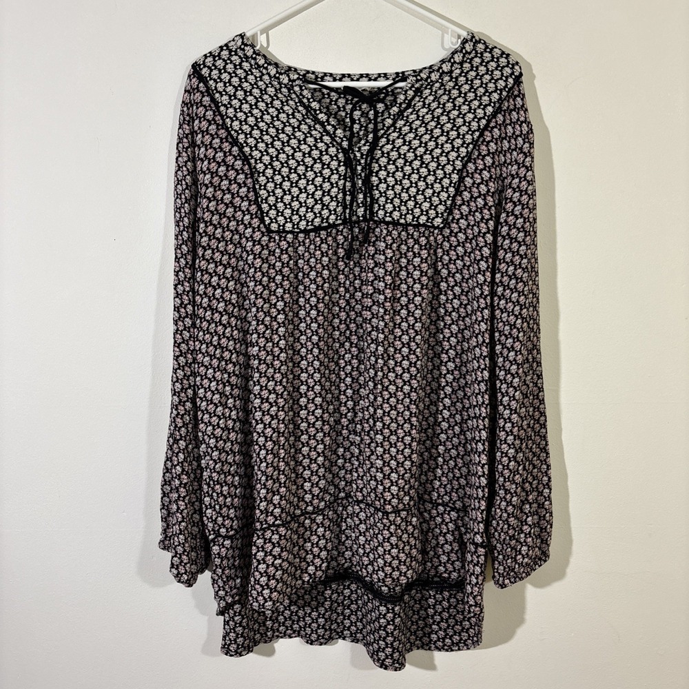 Fat Face Floral Peasant Top Black Pink White Size USA 18 Long Sleeve Boho Flowy
